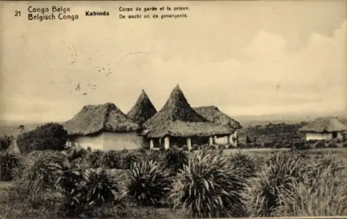 Ganzsachen Ak Kabinda DR Kongo Zaire, Bahnhofsgebäude, Gefängnis