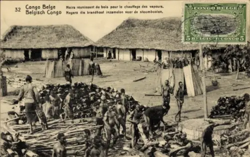 Ganzsachen Ak DR Kongo Zaire, Noirs reunissant du bois pour le chauffage des vapeurs