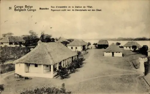 Ganzsachen Ak Basoko DR Kongo Zaire, Vue d'ensemble de la Station de l'Etat