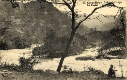 Ganzsachen Ak Congo Belge DR Kongo Zaire, La Ruzizi, Fluss mit Stromschnellen, Mann am Ufer