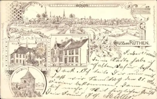 Litho Rüthen in Westfalen, Königliches Lehrer-Seminar, Krankenhaus, Turm, Gesamtansicht