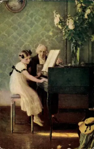 Künstler Ak Muenier, J. A., Erste Klavierstunde, Mädchen, Lehrer, Klavier