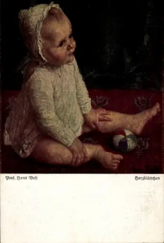 Künstler Ak Best, Hans, Herzblättchen, Kleines Kind mit Ball, Primus 3014