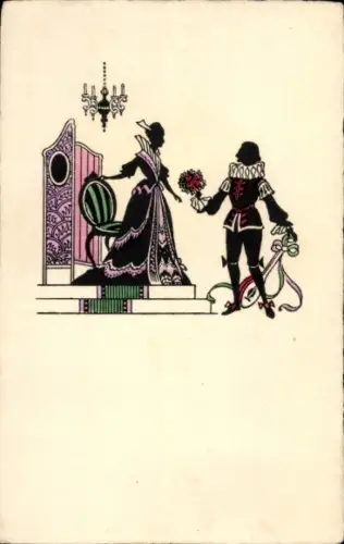 Scherenschnitt Ak Liebespaar, Mann schenkt seiner Geliebten einen Blumenstrauß