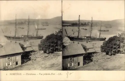 Stereo Ak Christiania Oslo Norwegen, Fort, Schiffe