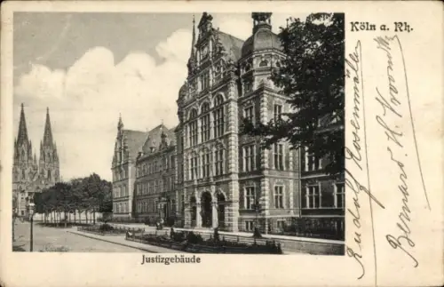 Ak Cöln Köln am Rhein, Justizgebäude,  zwei Türme im Hintergrund, 