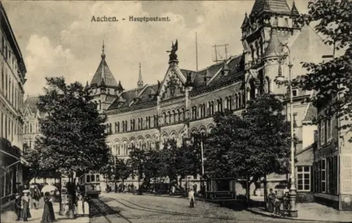 Ak Aachen, Hauptpostamt  Straßenansicht, Bäume, Straßenbahn