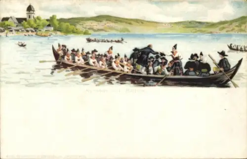 Litho Rättvik Schweden, Kirchgang, Personen in schwedischer Tracht, Boot