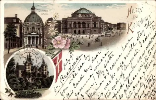 Litho København Kopenhagen Dänemark, Königliches Theater, Marmorkirche, Schloss Rosenborg