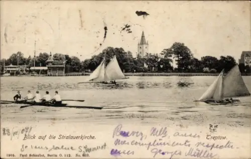Ak Berlin Treptow, Stralauer Kirche, Ruderboot