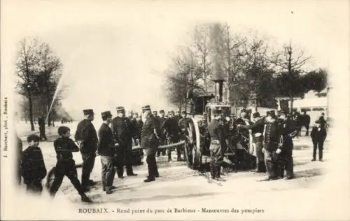 Ak Roubaix Nord, Rond point du parc de Barbieux, Manoeuvres des pompiers
