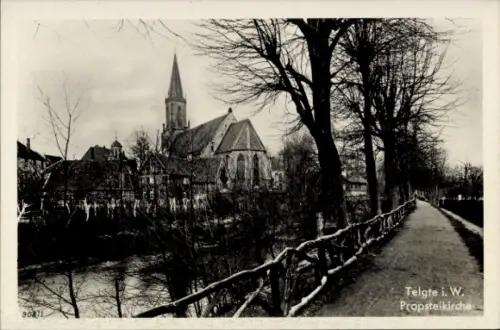 Ak Telgte in Westfalen, Telgte i. W., Propsteikirche, Baumreihe, Weg entlang des Wassers