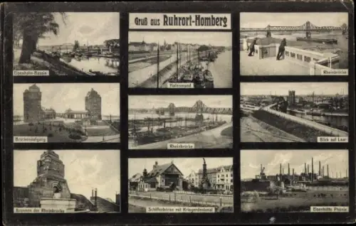 Ak Homberg Ruhrort Duisburg im Ruhrgebiet, Eisenbahn-Bassin, Rheinbrücke, Hafenmund, Brückenaufgang