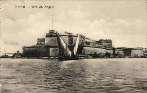 Ak Vittoriosa Malta, Fort St. Angelo,  Hafenansicht, Segelboot