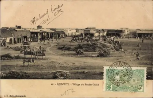 Ak Djibouti Dschibuti, Markt in  Dorf Bender-Jedid, Menschen, Wagen, Stroh