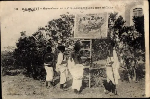 Ak Djibouti Dschibuti, Somalische Krieger, Plakat von Dion Bouton, Landschaft