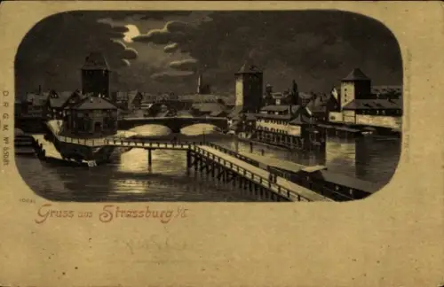 Mondschein Litho Strasbourg Straßburg Elsass Bas Rhin, Panorama, Gedeckte Brücken