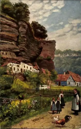 Künstler Ak Hoffmann, H., Graufthal Eschbourg Elsass Bas Rhin, Felsenwohnungen, Kinder