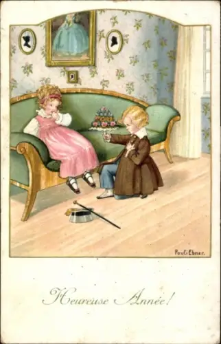 Künstler Ak Ebner, Pauli, Junge mit Blumenstrauß, Mädchen