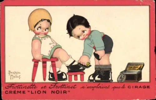 Künstler Ak Beatrice, M., Junge putzt Schuhe seiner Freundin, Cirage Creme Lion Noir
