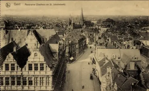 Ak Gand Gent Ostflandern, Panorama von  Stadhuis, St. Jakobskerk, Stadtansicht