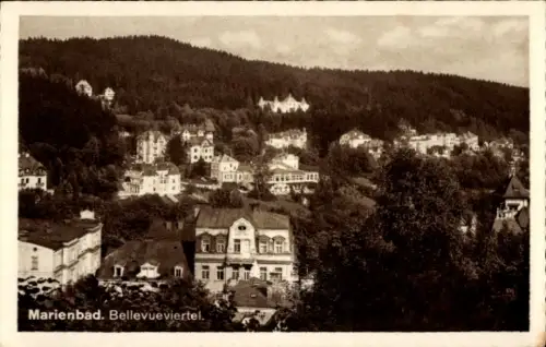 Ak Mariánské Lázně Marienbad Region Karlsbad,  Bellevueviertel, Landschaft mit Gebäuden, Bäume