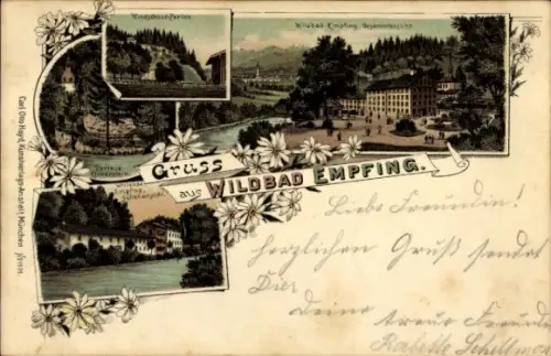 Litho Empfing Traunstein Oberbayern, Wildbad, Gesamtansicht, Windschnur, Klobenstein