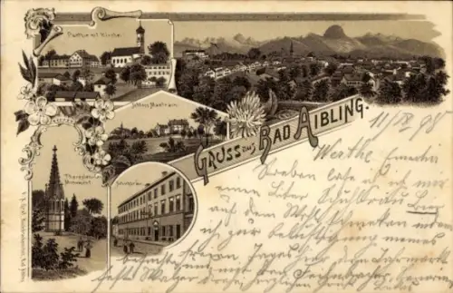 Litho Bad Aibling in Oberbayern, Kirche, Schloss Maxlrain, Theresien-Monument, Panorama