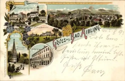 Litho  Bad Aibling in Oberbayern, Gesamtansicht, Theresien-Monument, Kirche, Schloss Maxlrain