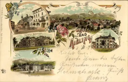 Litho Bad Aibling in Oberbayern, Marktplatz, Kurhotel Mittelsbach, Ludwigsbad
