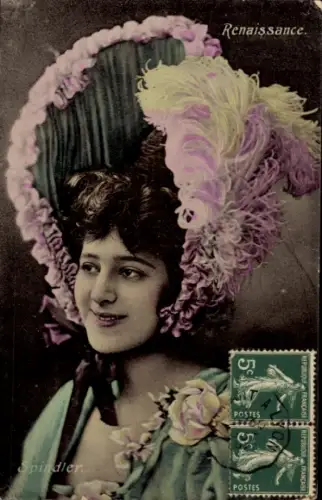 Ak Renaissance, Spindler, Portrait einer jungen Frau, Hut mit Federn geschmückt, coloriert