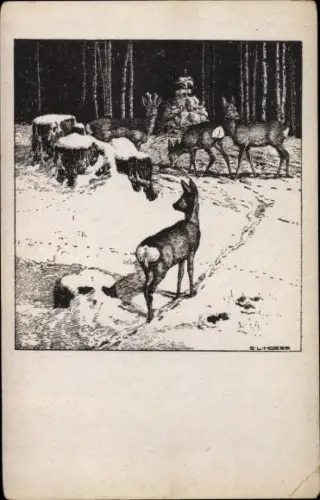 Künstler Ak Hoess, Eugen L., Märzenschnee, Rehe