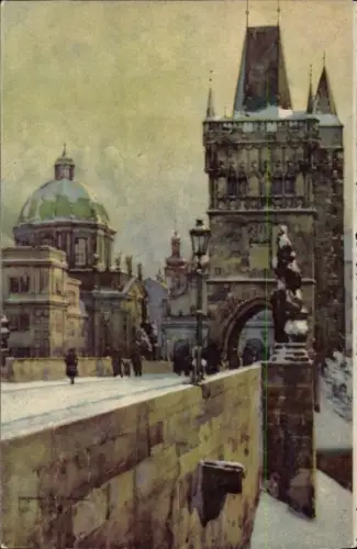 Ak Praha Prag Tschechien, Schneebedeckte Stadtansicht,  Gebäude, Brücke, alte Stadt, keine Persön