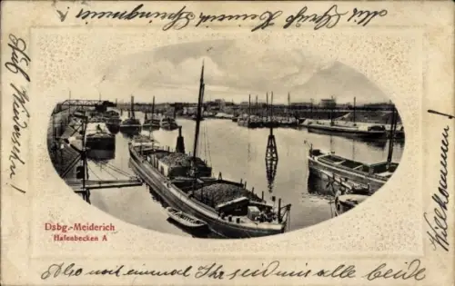 Ak Meiderich Duisburg im Ruhrgebiet, Hafenbecken A, Frachtschiffe