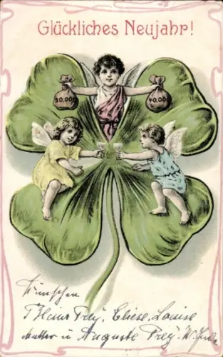Ak Glückwunsch Neujahr, Engel, Glücksklee, Geld