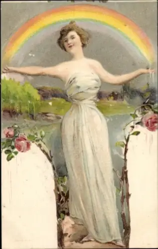 Litho Frau im durchsichtigen weißen Gewand, Regenbogen