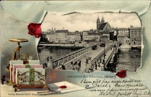 Präge Passepartout Ak Magdeburg an der Elbe, Elbbrücke