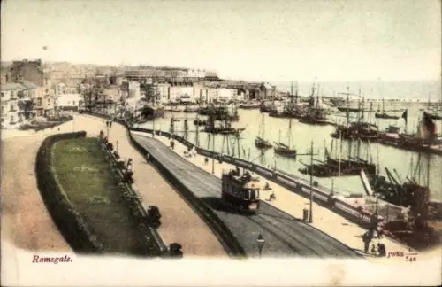 Ak Ramsgate Kent England, Hafenansicht, Schiffe, Straßenbahn, Ramsgate
