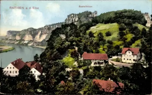 Ak Rathen an der Elbe Sächsische Schweiz, Basteifelsen,  Flusslandschaft, Felsen, Bäume, Häuser