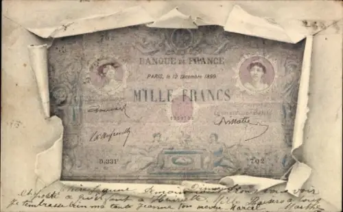 Geldschein Ak Banknote, Mille Francs