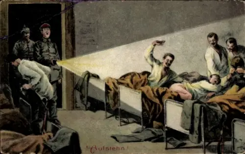 Künstler Ak Thiele, Arthur, Aufstehn, Soldaten werden geweckt, Schlag auf den Po, Humor,Bruno Bürger