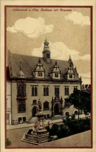 Ak Schönebeck an der Elbe, Rathaus mit Brunnen, Statue, Wolken, Schönebeck a. Elbe