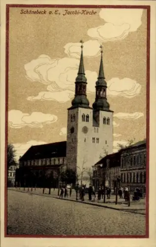 Ak Schönebeck an der Elbe, Jacobi-Kirche, zwei Türme, Wolken, Straße mit Menschen