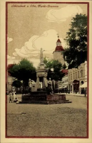 Ak Schönebeck an der Elbe, Markt-Brunnen, Stadtansicht, Menschen, Bäume, Wolken