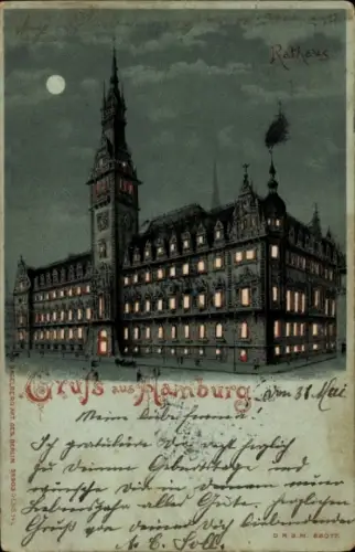 Mondschein Litho Hamburg Mitte Altstadt, Rathaus