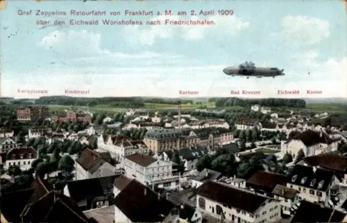 Ak Bad Wörishofen im Unterallgäu, Graf Zeppelin, Rückfahrt, Frankfurt, 2. April 1909,  Friedrichs