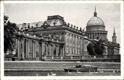 Ak Potsdam Sanssouci, Stadtschloss  Bittschriftenlinde, Boot auf dem Wasser, Schwäne