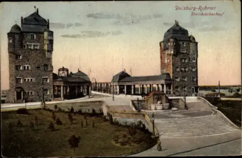 Ak Duisburg Ruhrort, Partie am Rheinbrückenkopf, Treppe, Brunnen 