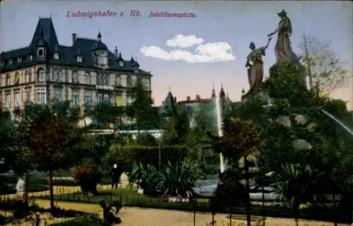 Ak Ludwigshafen am Rhein, Ludwigshafen a. Rh., Jubiläumsplatz, Statue, Brunnen, Parkanlage