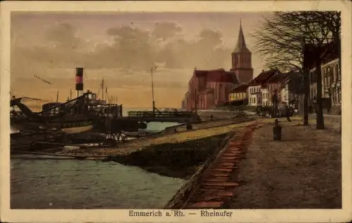 Ak Emmerich am Rhein, Emmerich a. Rh., Rheinufer, Boote, Häuser, Bäume